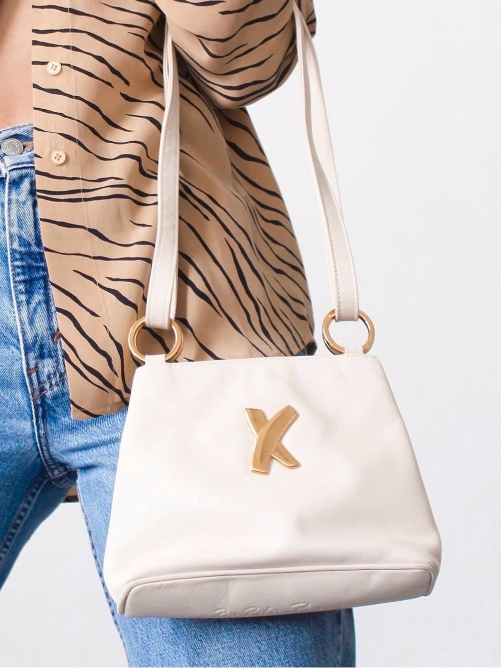 90s Vintage Paloma Picasso Cream Shoulder Bag with Gold X Accent Like New